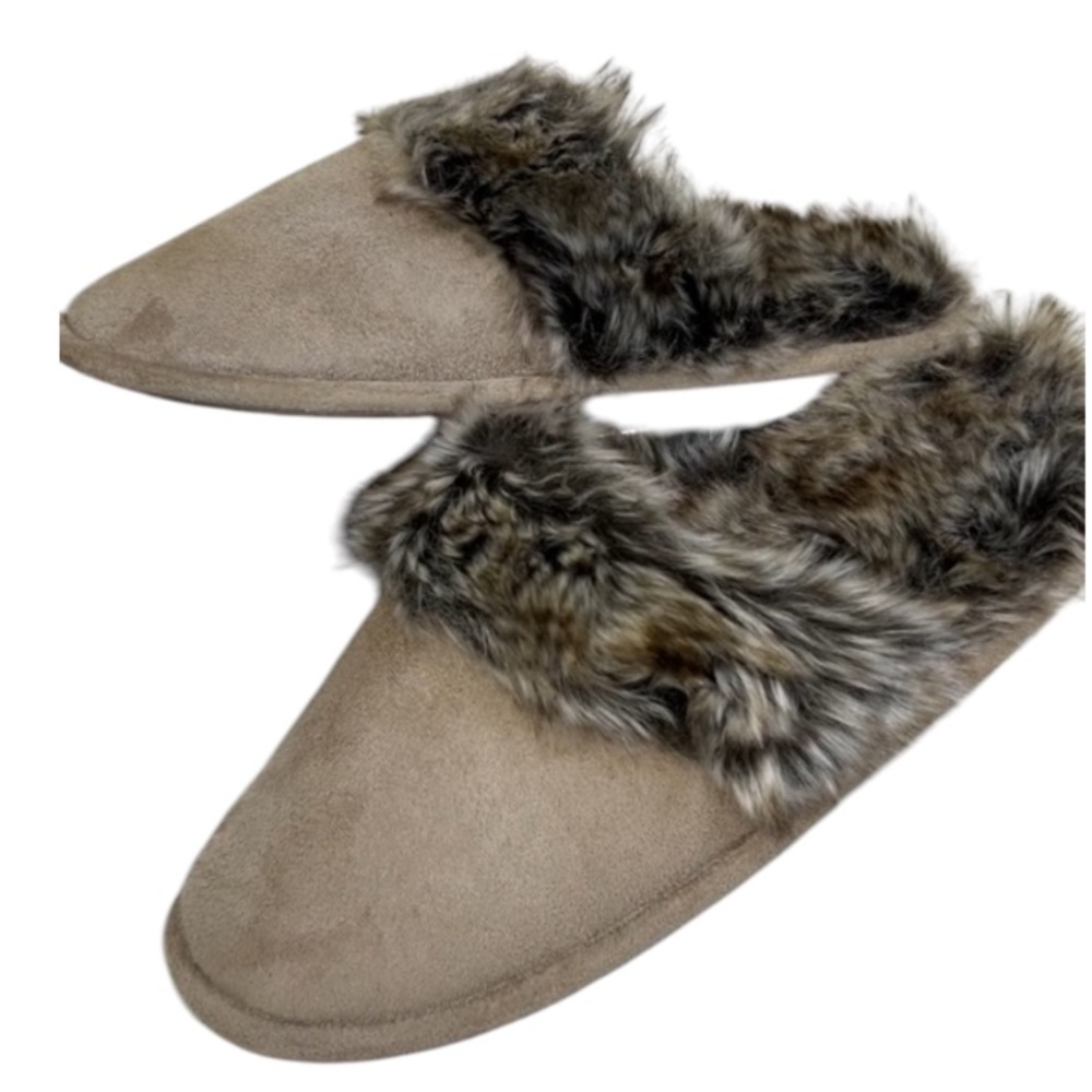 Restor Style Luxury Slippers Memory Foam Tan and Brown Faux Fur Size M/9-10